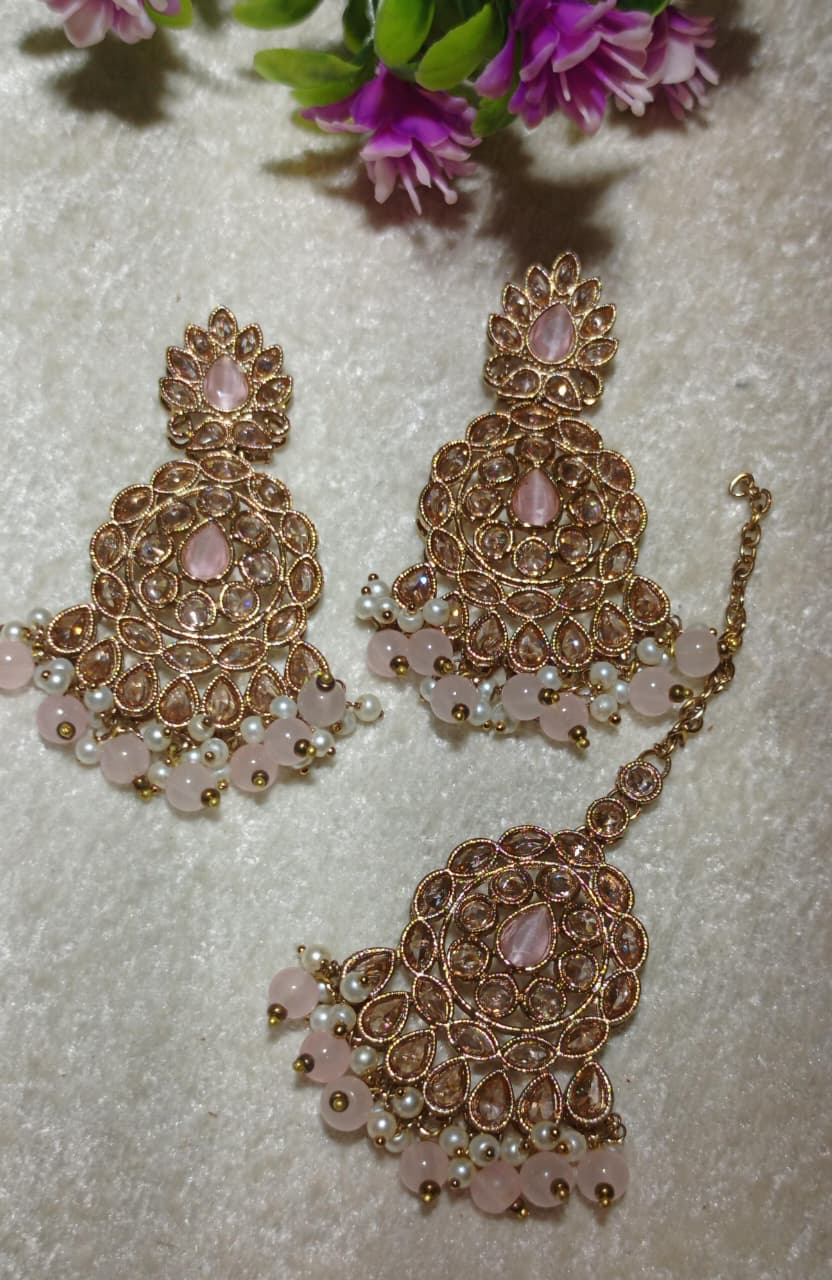 Luxury Mint Stone Earrings with Tikka