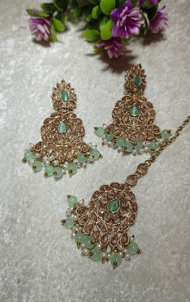 Luxury Mint Stone Earrings with Tikka